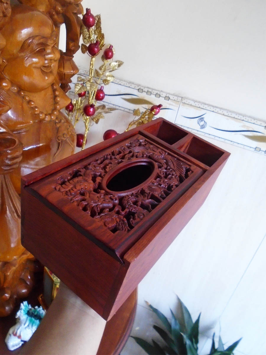 Hộp đựng khăn giấy ăn kèm hai ngăn tiện ích gỗ hương quý hiếm