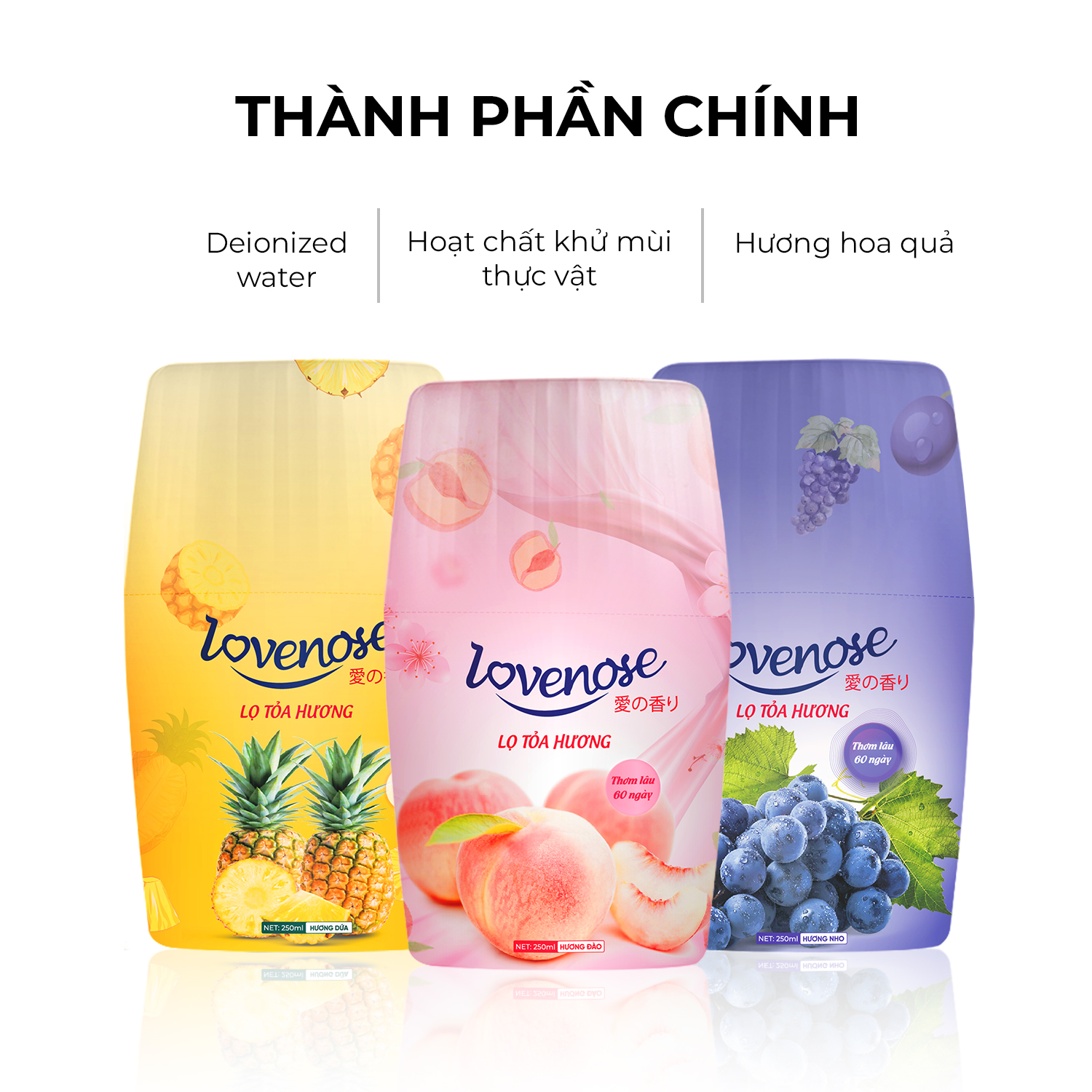 Lọ tỏa hương Lovenose thơm 60 ngày, an toàn, thanh lọc không khí, sáp khử mùi phòng thế hệ mới 250ml