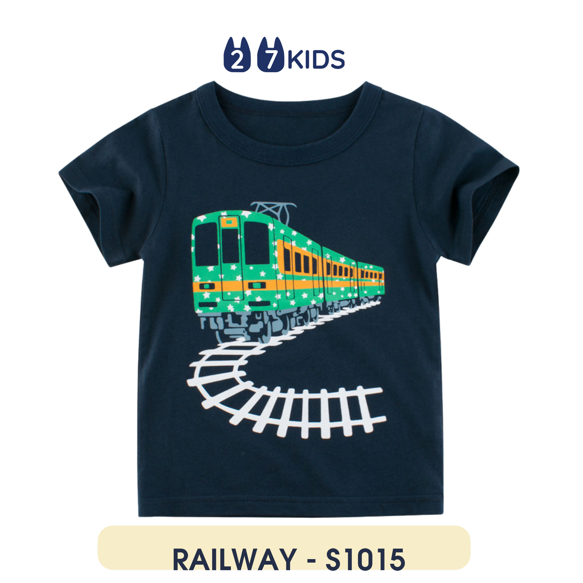 Áo thun bé trai 27Kids áo cộc cho bé họa tiết RAILWAY chất cotton 100% S1015