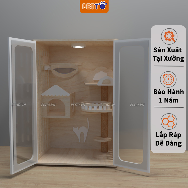 Tủ mèo bằng gỗ HIỆN ĐẠI kết hợp cửa kính cường lực trong suốt, có hệ thống ĐÈN LED tiện lợi CC016