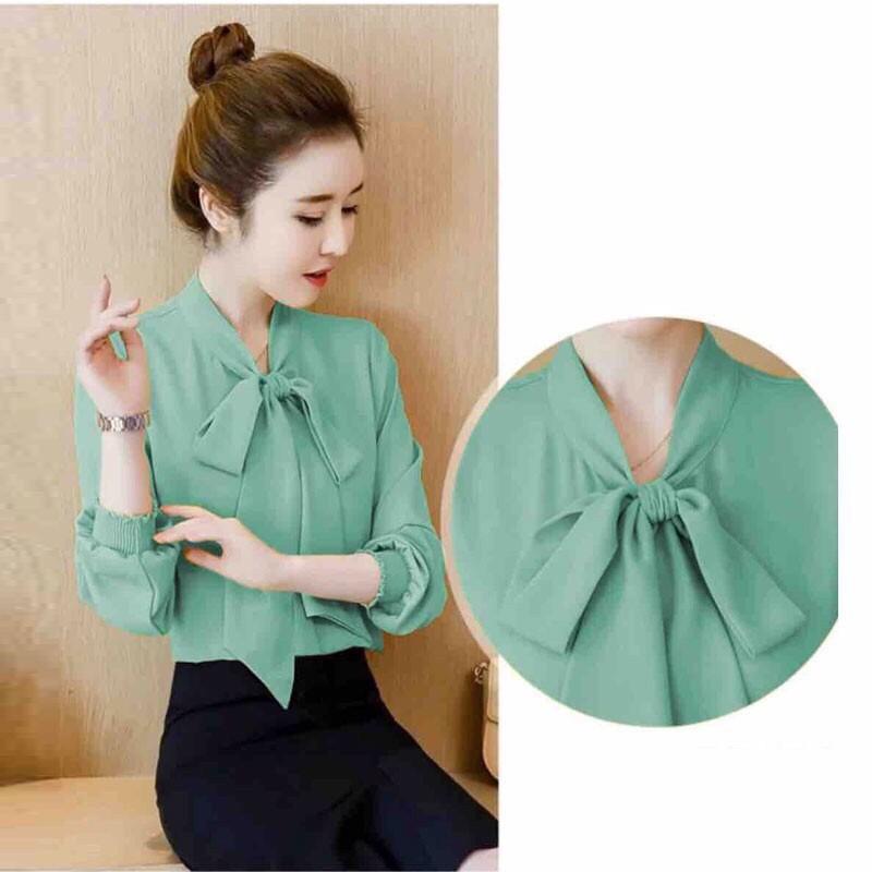 ÁO KIỂU NƠ CỔ TAY DÀI BO LAI XANH BẠC HÀ MAY CHÍNH CHỦ