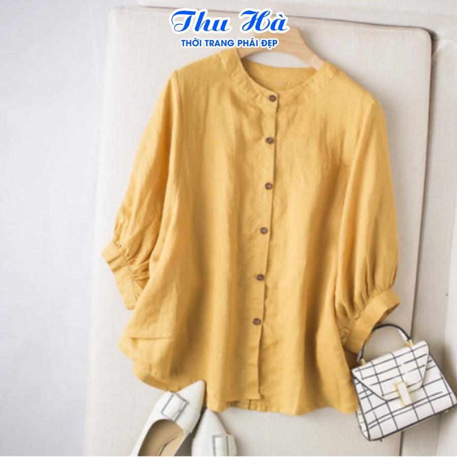 Áo sơ mi đũi nữ tay lỡ cổ tròn Thu Hà form rộng bigsize che khuyết điểm mặc đi làm đi chơi đều phù hợp SMH.34