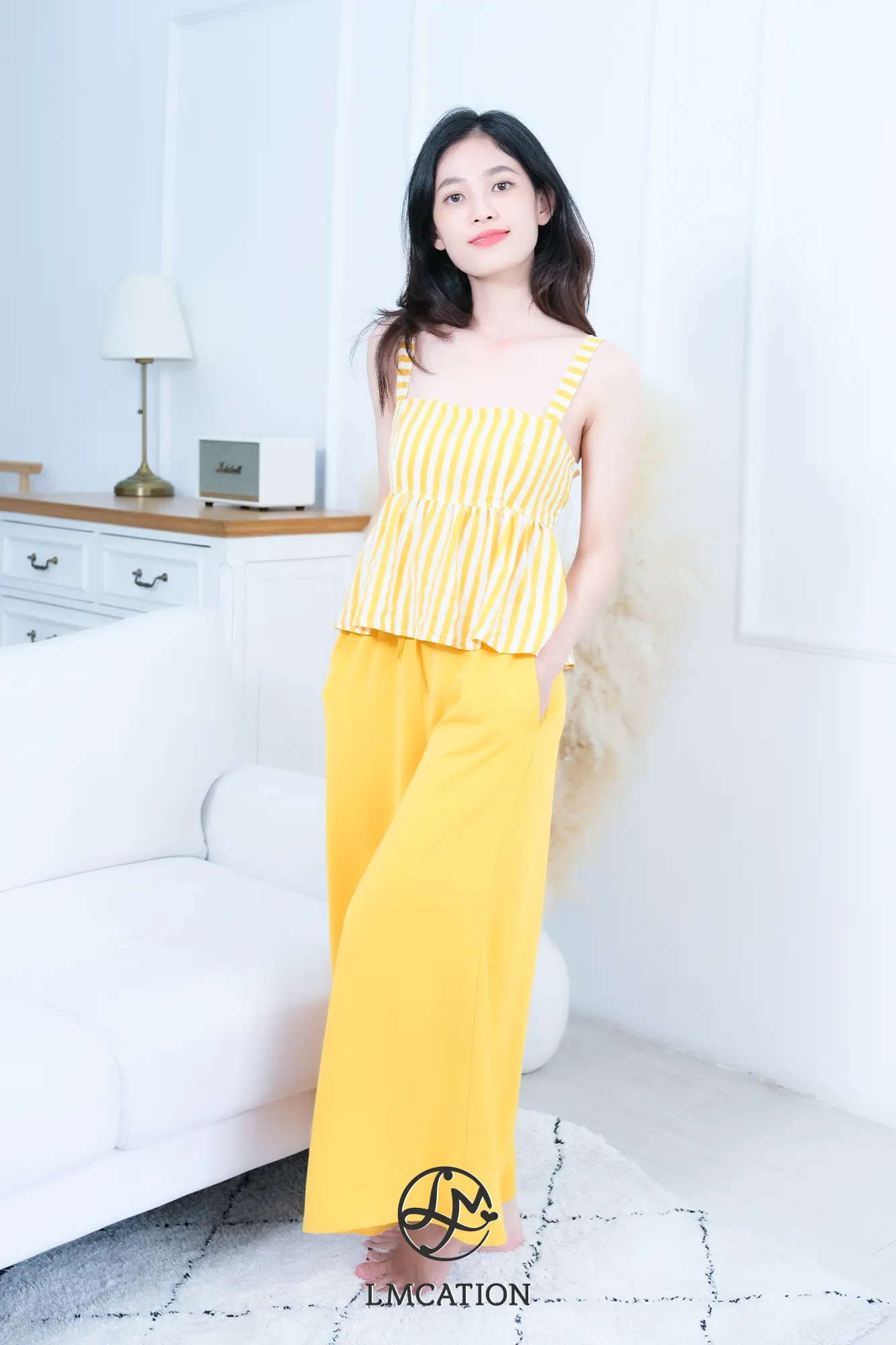 Đồ Bộ Mặc Nhà LMcation - Áo dây Clara màu sọc vàng &amp;  Quần váy dài Mila màu vàng