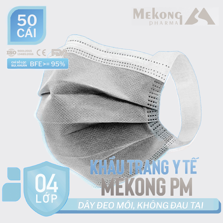 Khẩu trang y tế Mekong 4 lớp kháng khuẩn, dây đeo mềm không làm đau tai (50 cái/Hộp)