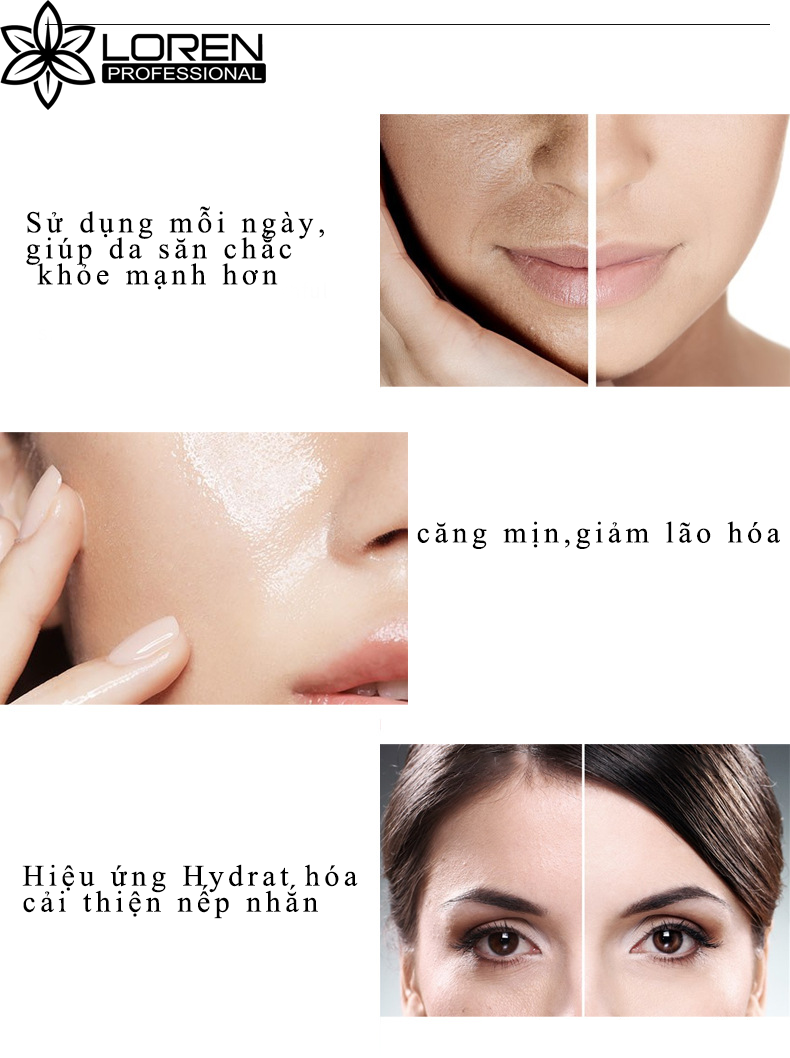 Tinh chất Collagen Serum Loren Professional  giúp Bổ sung collagen giúp xóa mờ các nếp nhăn và nâng cơ da mặt. Cải thiện các dấu hiệu lão hóa, ngăn ngừa hình thành nám