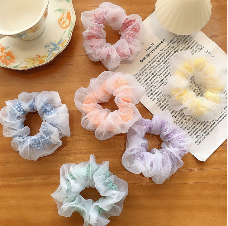 Dây buộc tóc Scrunchies 2 lớp kẻ và voan dễ thương HD97