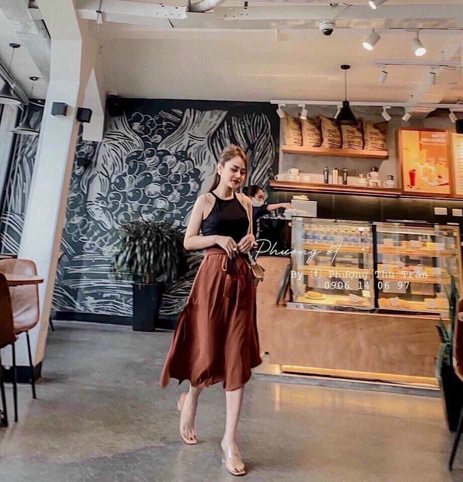 Set Áo Cổ Yếm &amp; Chân Váy Cột Nơ Eo - Hậu Nguyễn Store