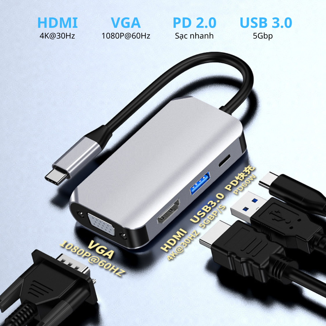 Hub Chuyển Đổi Type-C Chia 4 Cổng (4 in 1) HDMI/VGA/PD 2.0/USB 3.0 - Hàng Chính Hãng Tamayoko