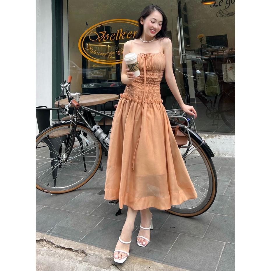 KIOBI - Đầm Moonlight form midi 2 dây ôm ngực, hạ eo nhún thun smocking, tùng xòe, vải organza tơ caramel - KID225169CRM