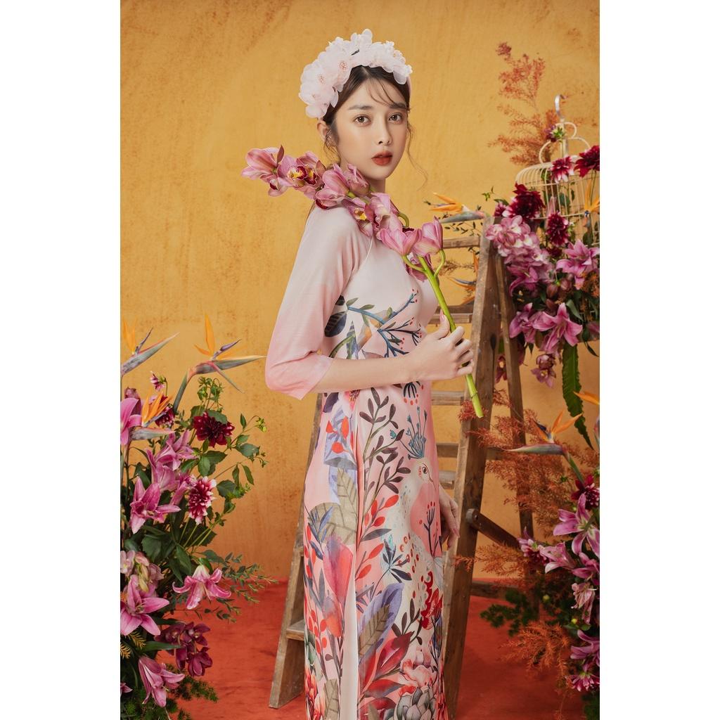 Áo dài cam con công, quần cam hồng 1AD1034 ADORE DRESS