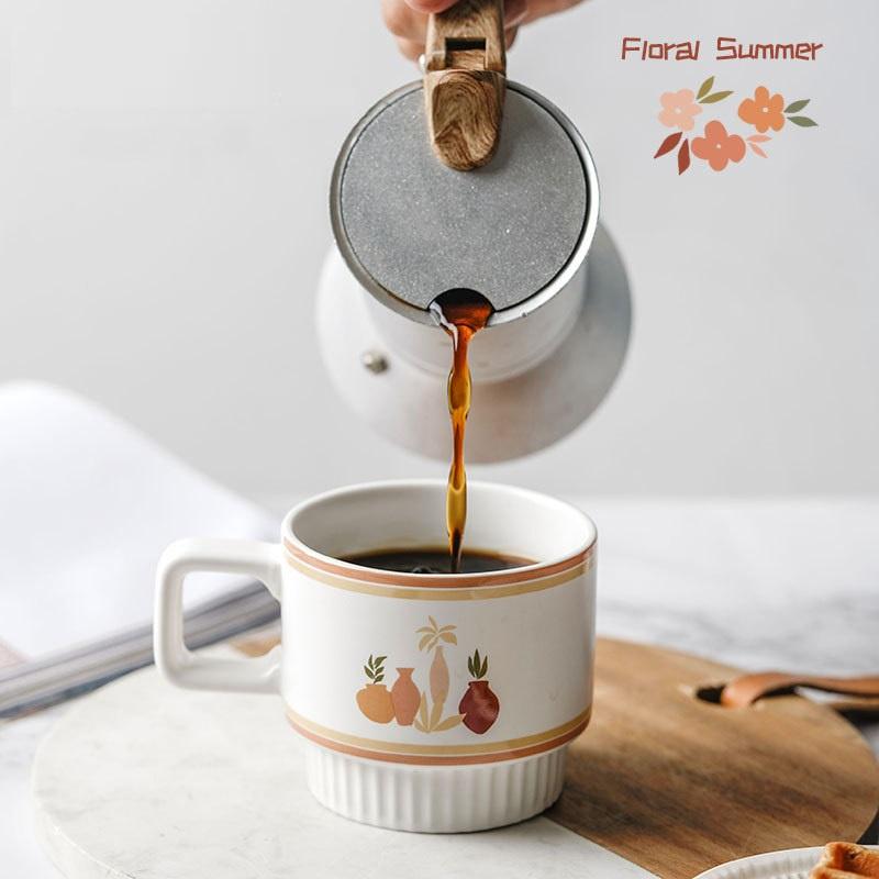 Cốc sứ uống trà, cafe 320ml in hình hoa vintage phong cách Bắc Âu