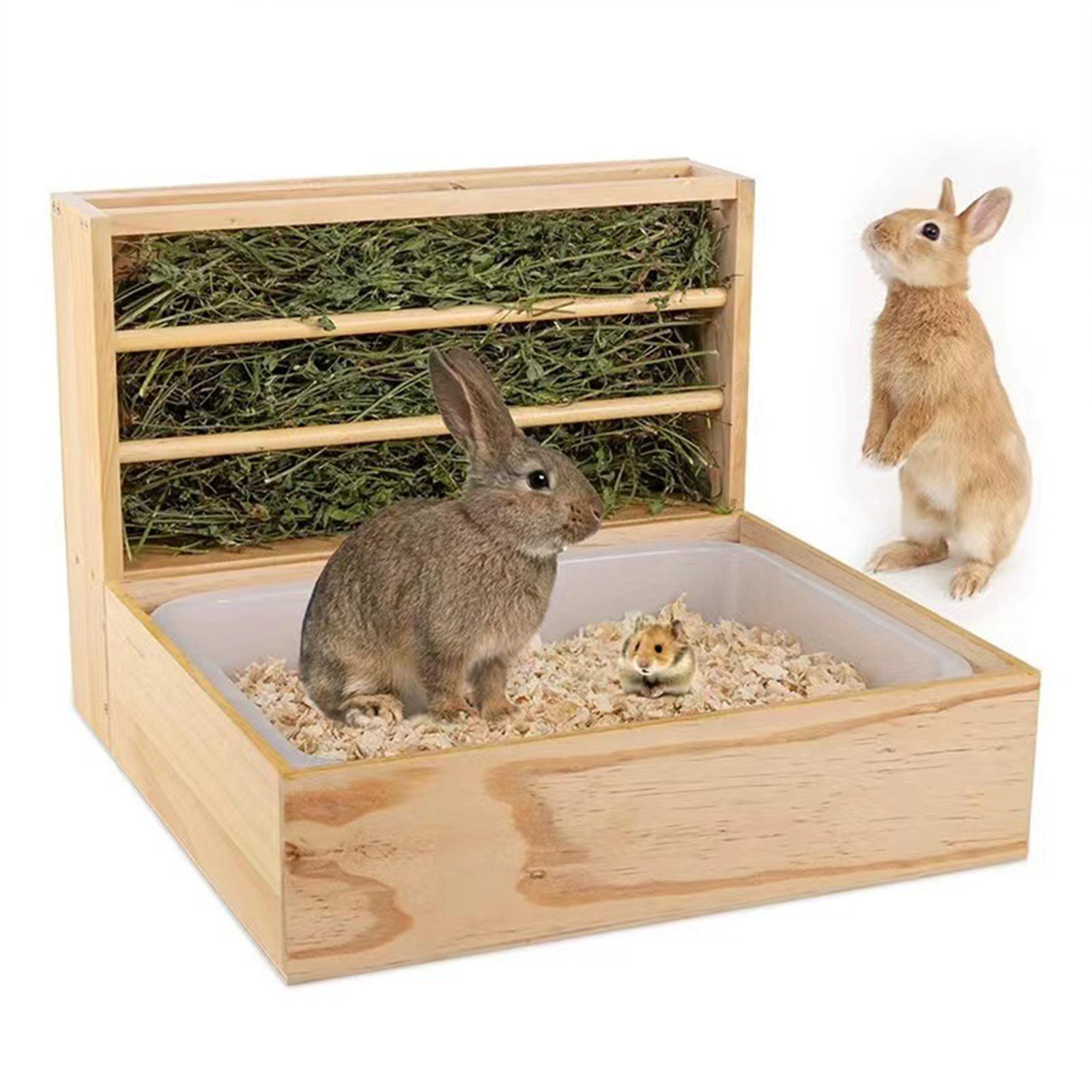 Wooden Rabbit Hay Feeder with Litter Box Guinea Pig Bunny Hay Manger Feeder