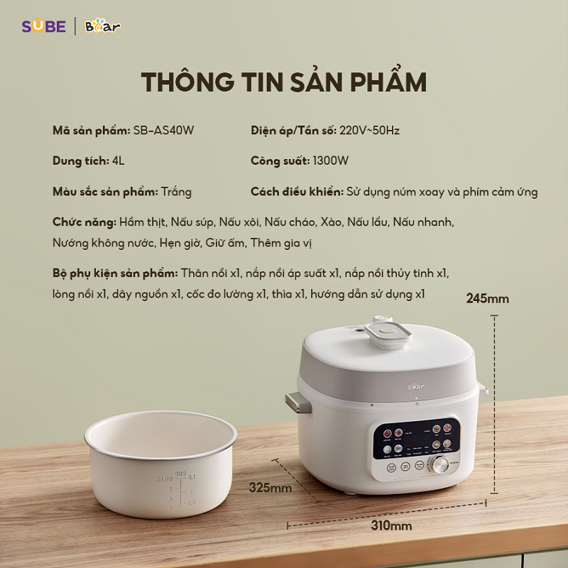 Nồi Áp Suất 4L Bear Đa Năng 8 Chế Độ Ninh Hầm Lẩu Nướng Sôi Nhanh Chống Dính Dễ Vệ Sinh An Toàn Bản Tiếng Việt SB-AS40W - Hàng Chính Hãng