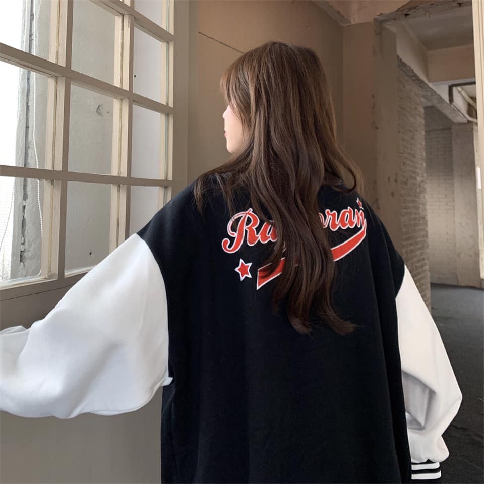 AK012 Áo bomber R 2 màu xanh đen tay trắng unisex dáng rộng, áo khoác nam nữ mùa đông form to tay bo cúc bấm cá tính