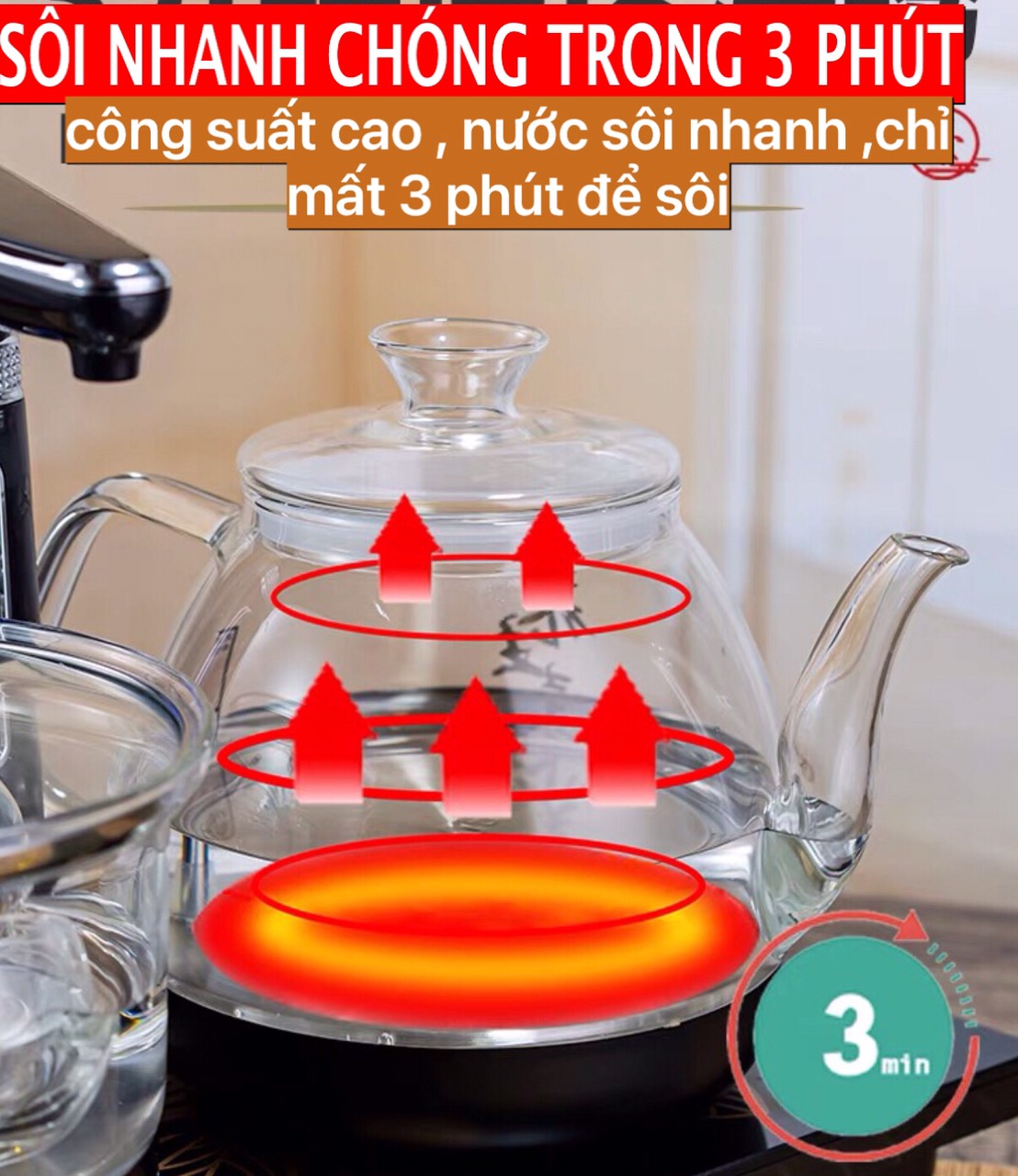 Bộ ấm đun nước pha trà tại bàn Thông minh tự động xoay vòi thêm nước,Bếp điện cảm ứng đa năng thuỷ tinh màu vàng