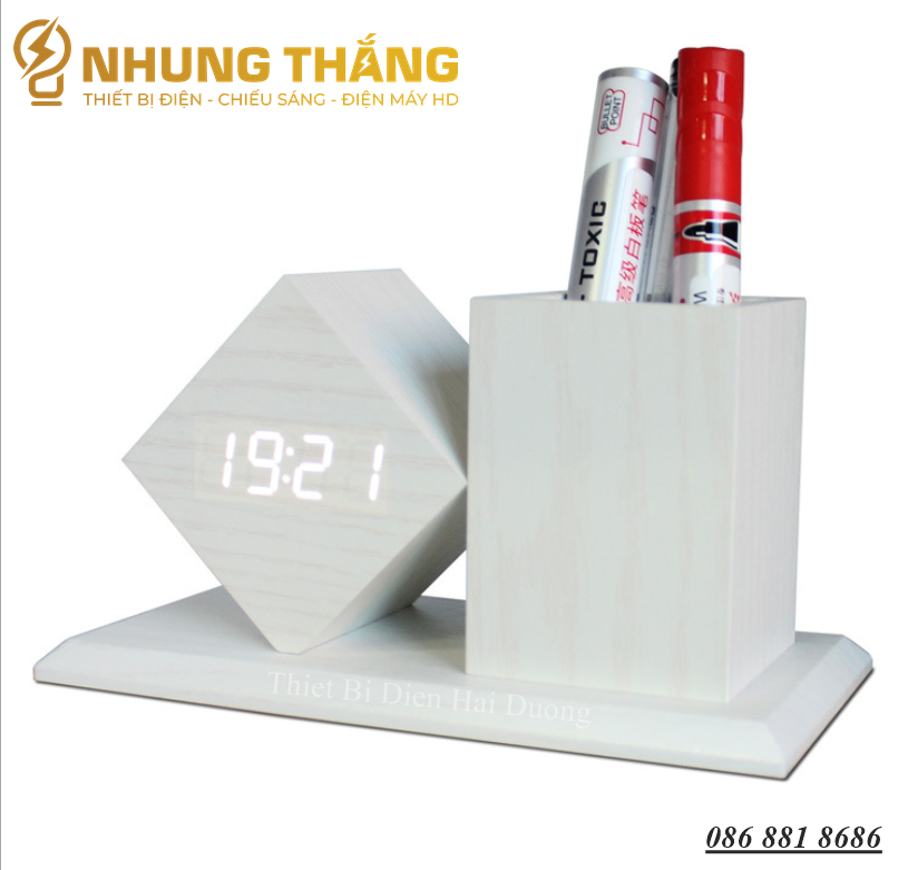 Đồng Hồ Gỗ Led Để Bàn Hình Vuông Chéo DH-95 - Kiêm Ống Đựng Bút - 4 Màu Thanh Lịch - Trang trí decor vintage Căn Phòng - Tặng Pin