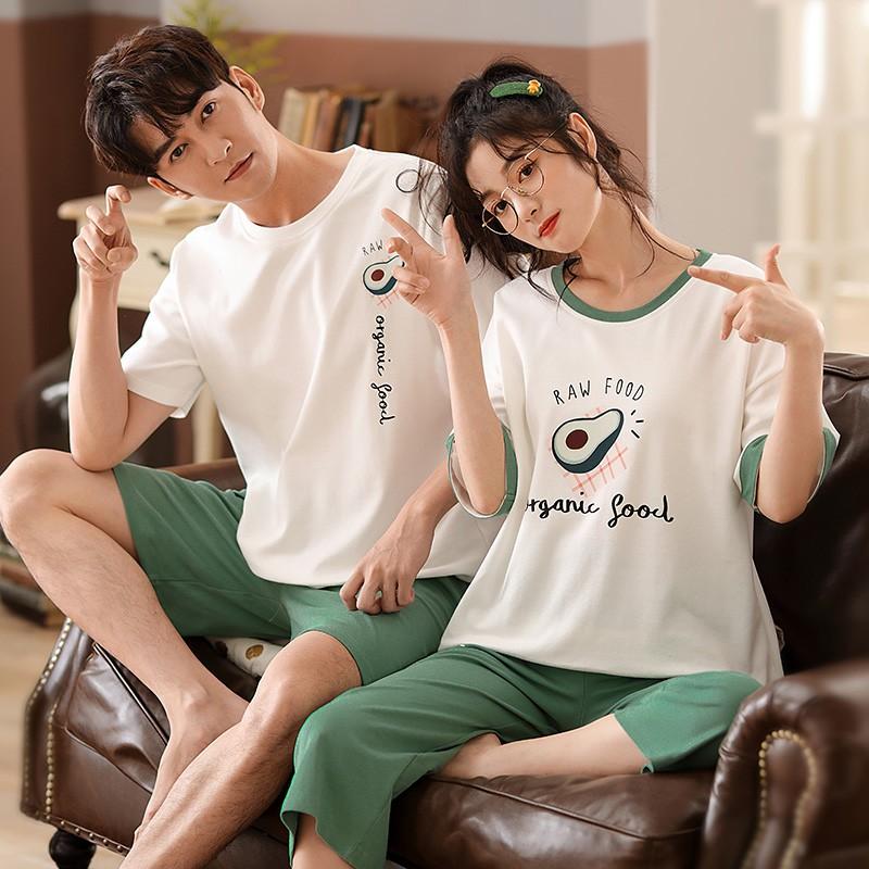 Bộ đồ đôi nam nữ mùa hè, chất vải cotton tự nhiên thoáng mát, tông màu xanh dịu nhé, họa tiết vui nhộn đáng yêu