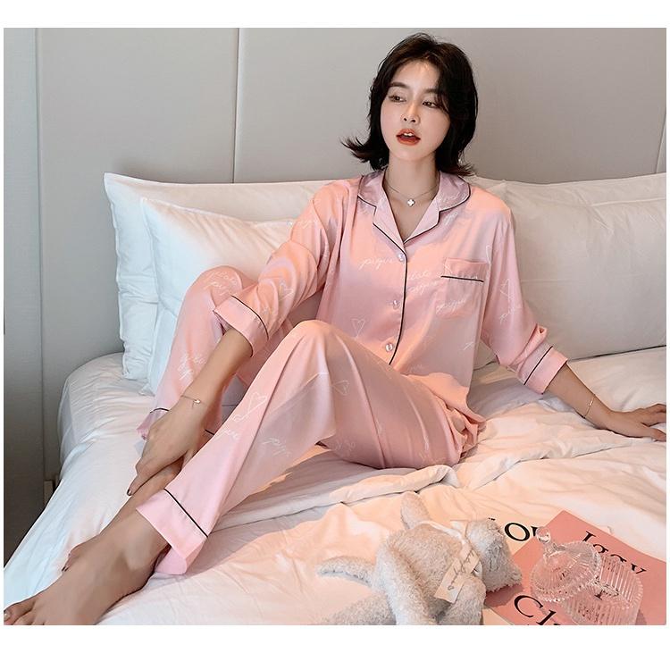 Pijama Nữ - Bộ Ngủ Dài Vải Lụa Cao Cấp Ba Màu Trơn In Họa Tiết Chữ DDLP07