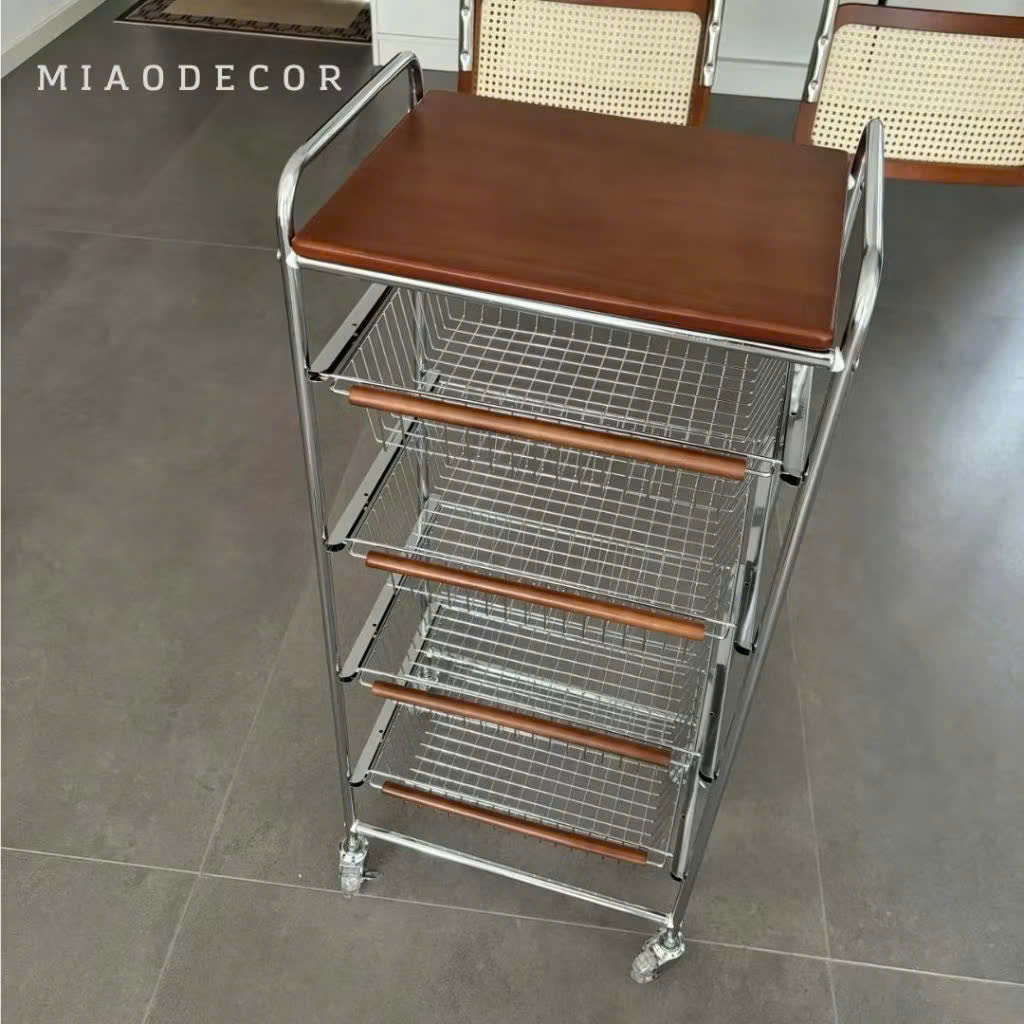 Xe Đẩy Kệ Để Đồ Đa Năng Nhiều Ngăn Tầng Có Ván Gỗ Retro Vintage – Khung Kim Loại Chắc Chắn, Kệ Trang Trí Nhà Bếp Phòng Khách - HÀNG CHÍNH HÃNG MINIIN