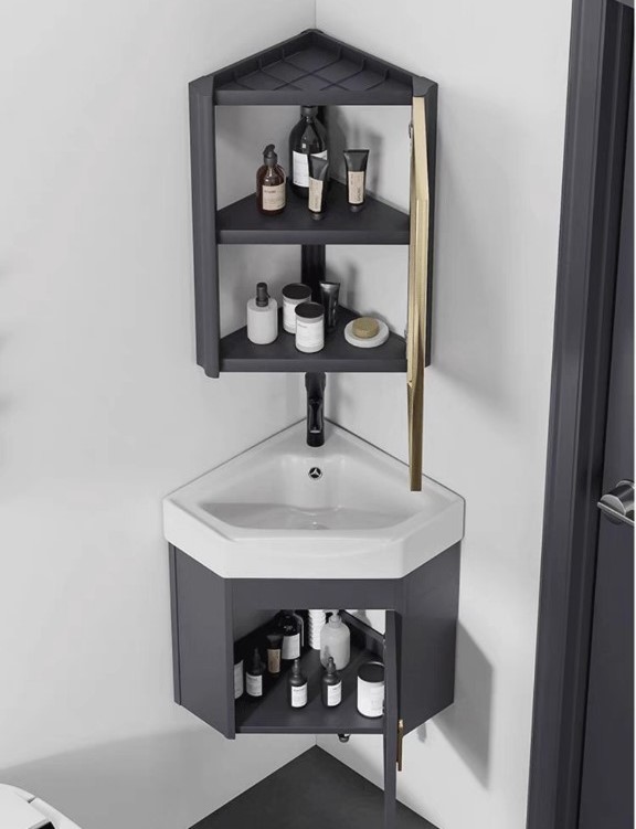 Bộ tủ chậu lavabo phòng tắm bằng nhôm màu xám hoặc trắng treo ở góc tường sử dụng tối ưu không gian