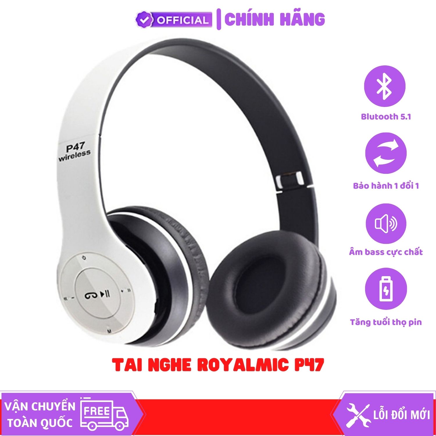 Tai Nghe Không Dây Kết Nối Bluetooth ROYALMIC P47 Có Khe Cắm Thẻ Nhớ - Hàng Chính Hãng