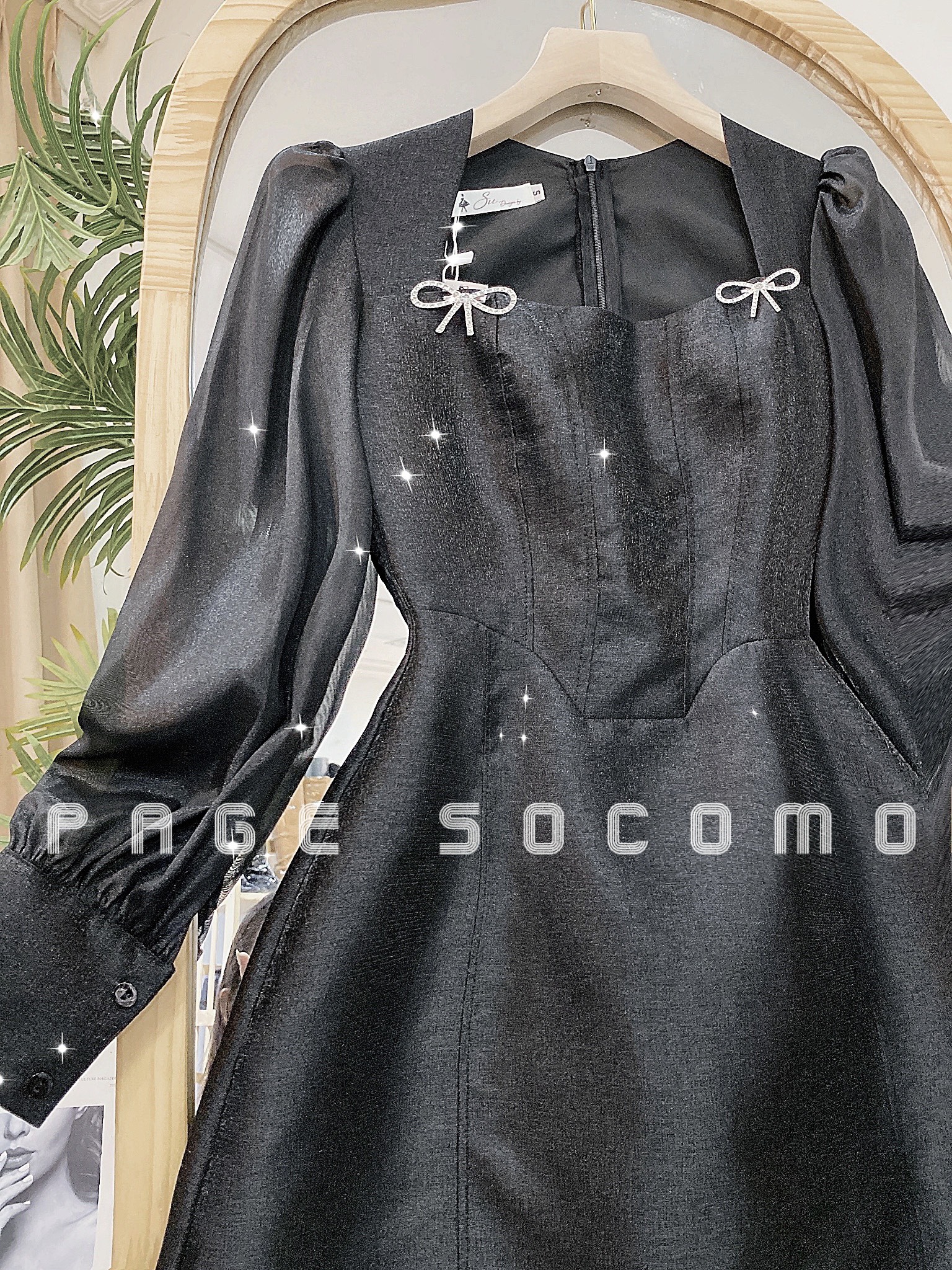 Váy đầm thiết kế tay tơ cổ vuông kèm nơ cài Socomo V1272022