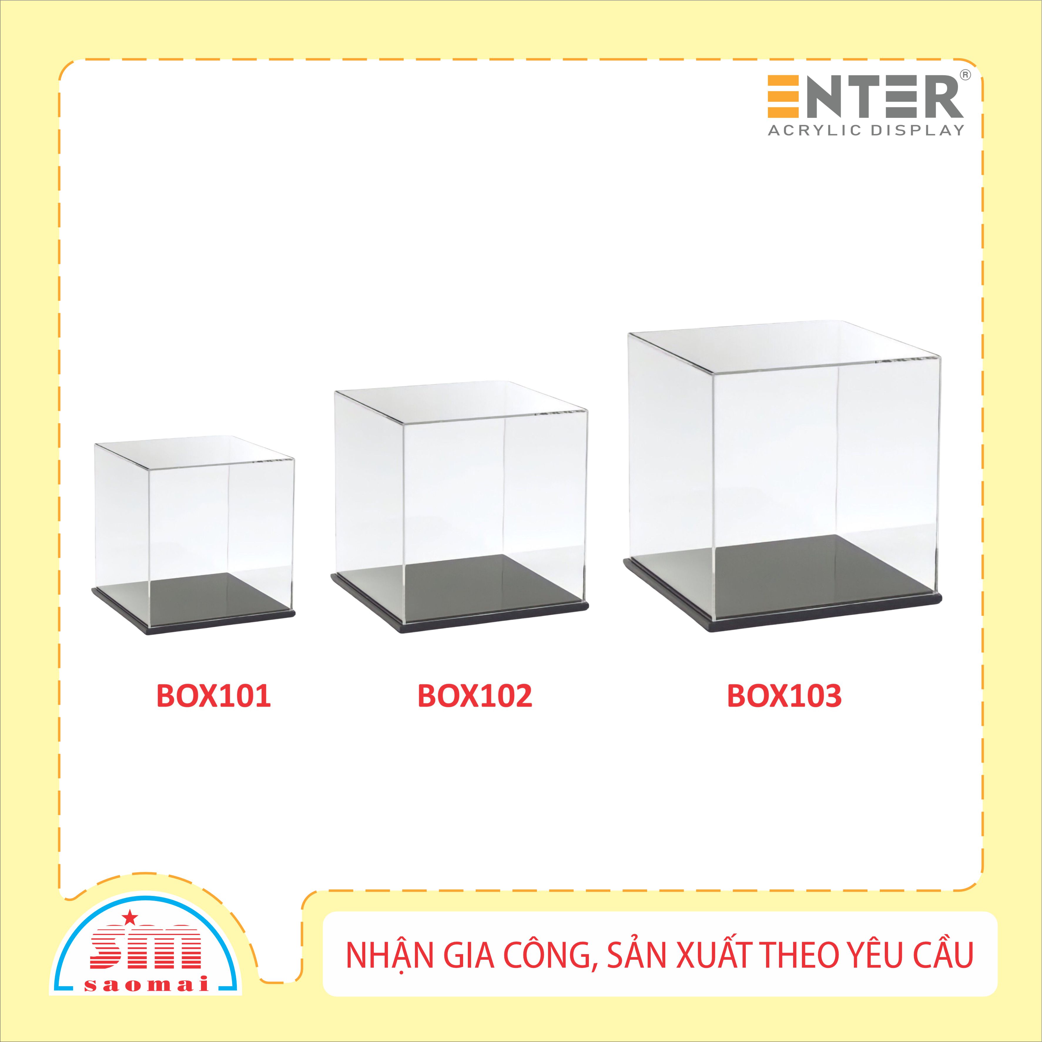 Hộp mica Enter BOX102 15x15x15cm mica dày 2mm, đế đen 5mmx2 vuông