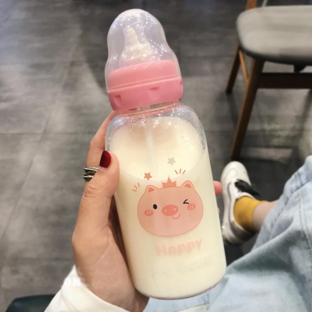 Hoạt Hình Dễ Thương Bình Nước Thủy Tinh Núm Vú Giả Ống Hút Cốc Thích Hợp Cho Người Lớn Trẻ Em Sữa Chai Thủy Tinh Cho Bé Chai