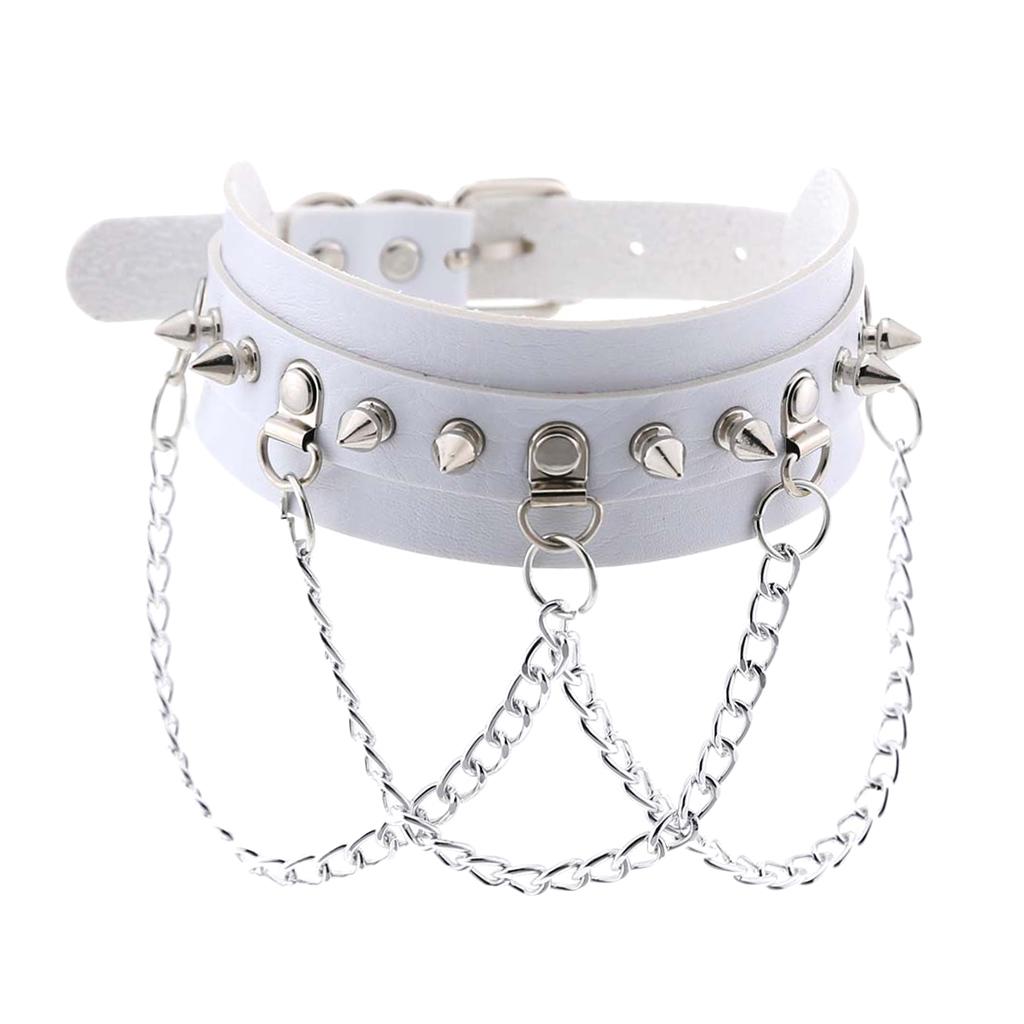 Gothic Pu Leather Choker Women Spike Metal Chain Necklace Punk Jewelry White