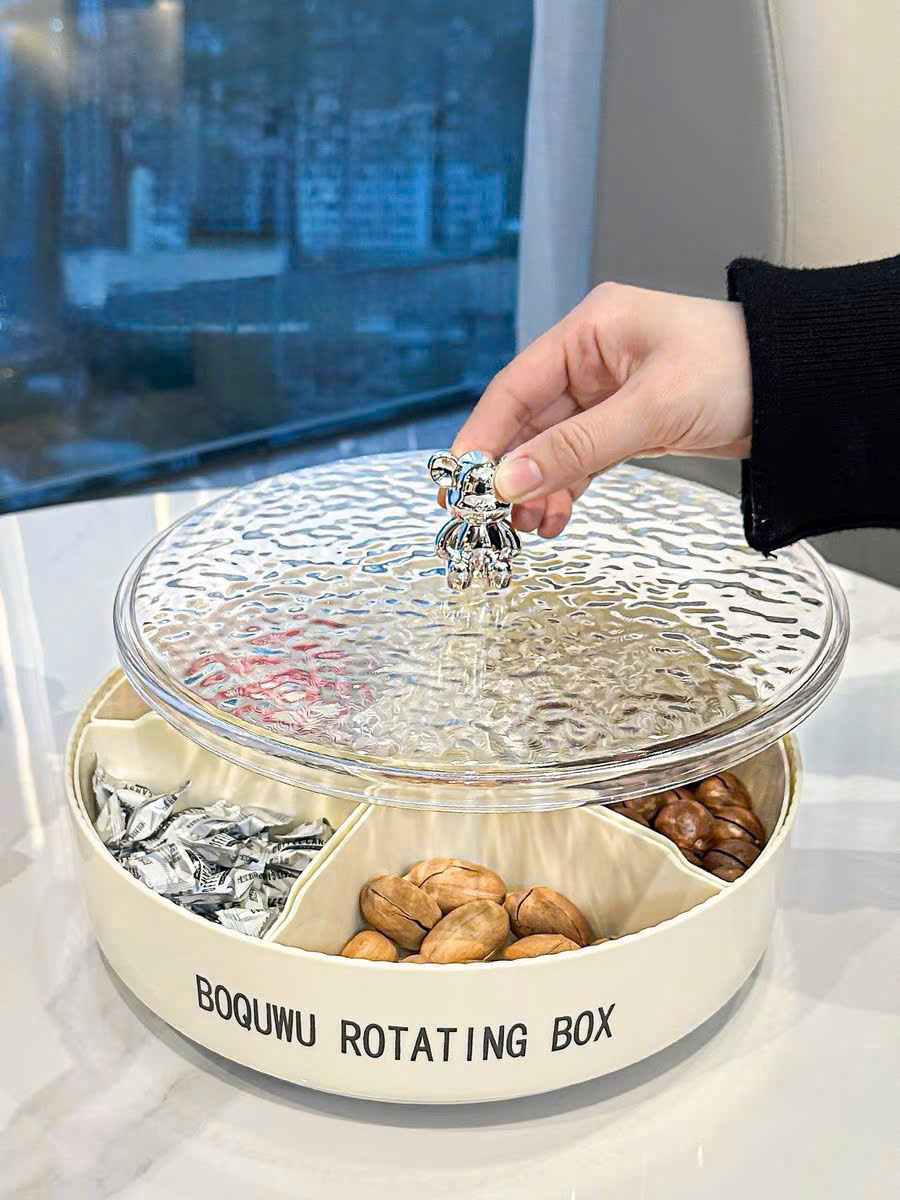 Khay Đựng Bánh Kẹo Mứt Tết 6 Ngăn Xoay 360° Nắp Trong Suốt – Hộp Đựng Kẹo Quay Tròn Decor Gấu Cao Cấp - HÀNG CHÍNH HÃNG MINIIN