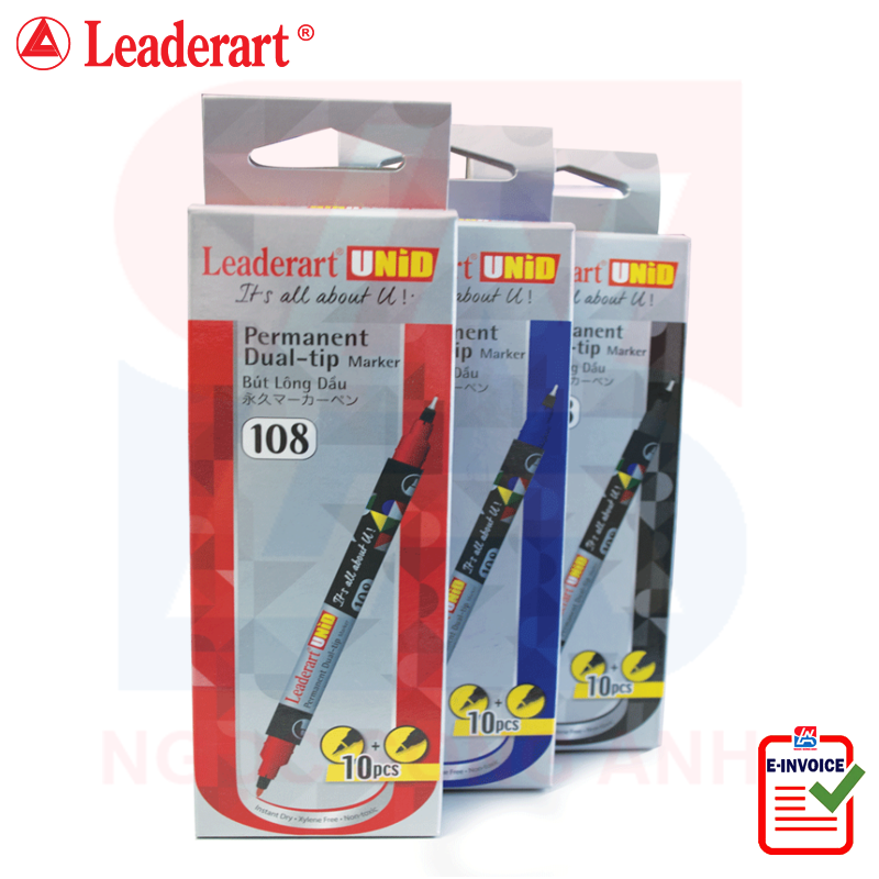 Bút dạ kính Leaderart hai đầu 108 - Hộp 10 chiếc - Ngòi kim loại 0.4mm, ngòi dạ 1mm