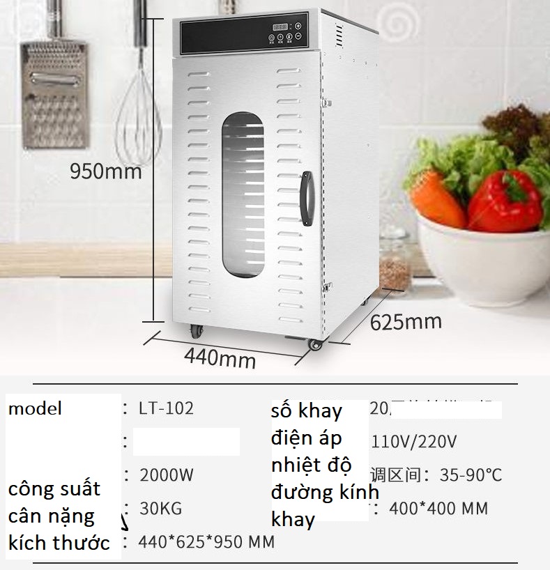 máy sấy thực phẩm công nghiệp 20 khay xoay tròn 360 độ inox 304