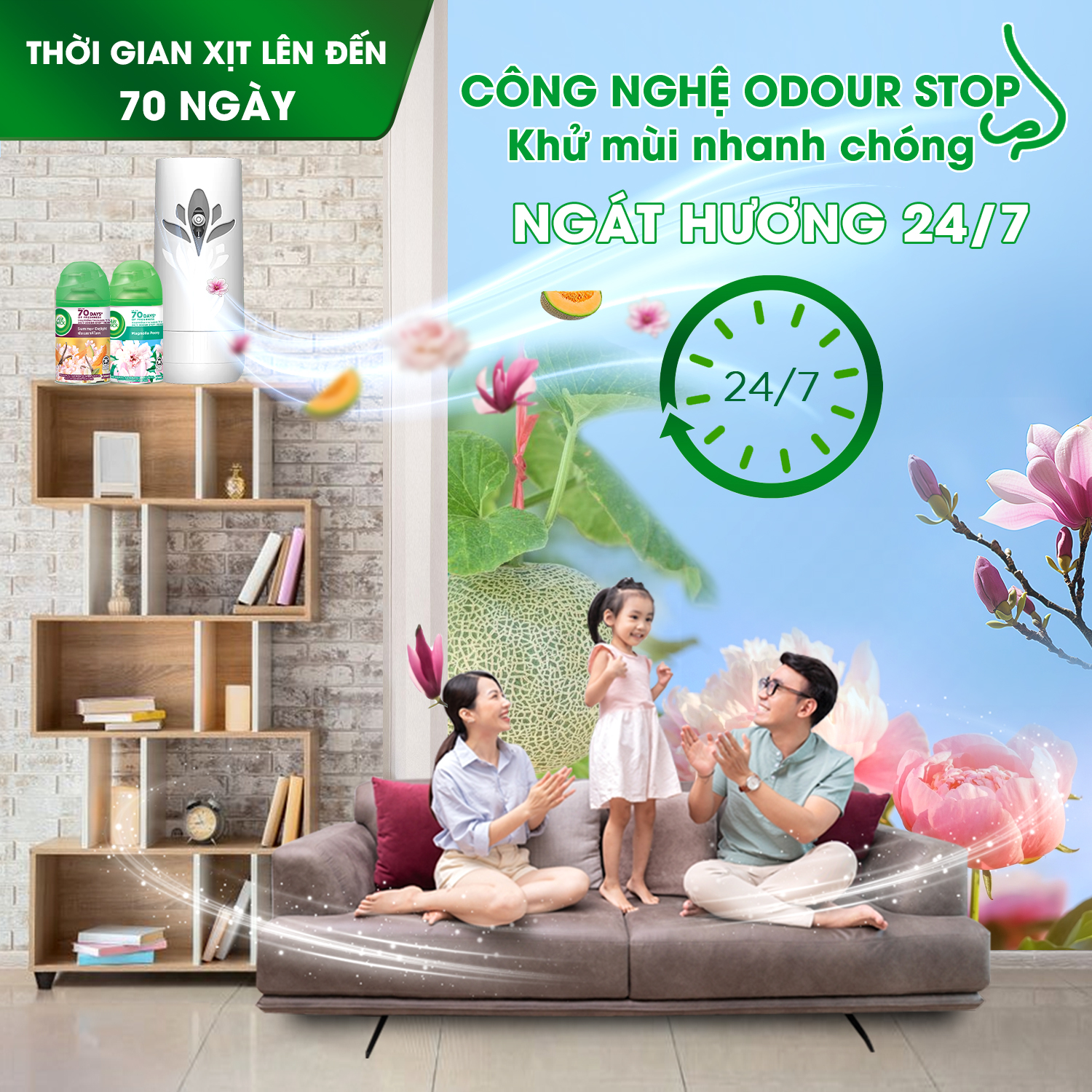 Bộ máy xịt phòng tự động Air Wick magnolia + lõi summer delight, mang lại hương thơm ngọt ngào, ngát hương 24/7