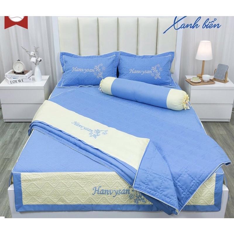 Set 3 món ga phủ và 2 vỏ gối cotton satin trần bông hàng màu thêu siêu đẹp