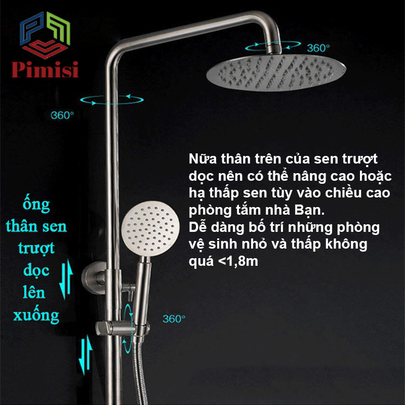 Bộ vòi hoa sen cây tắm đứng nóng lạnh inox 304 kiểu tròn Pimisi đầy đủ phụ kiện với bát sen to - bát nhỏ cầm tay tăng áp dùng được cho cả nhà tắm nhỏ và thấp | Hàng chính hãng