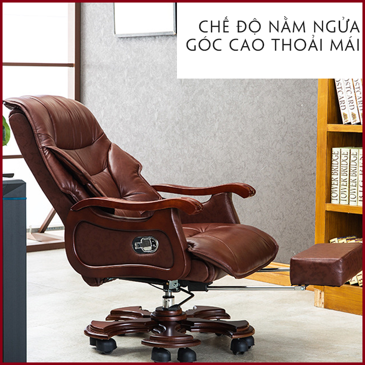 Ghế Da Văn Phòng Cao Cấp. Ghế Chủ Tịch - Ghế Boss Massage Lưng 7 Điểm - Có Gác Chân. Tay Ốp Gỗ Sang Trọng, Hiện Đại