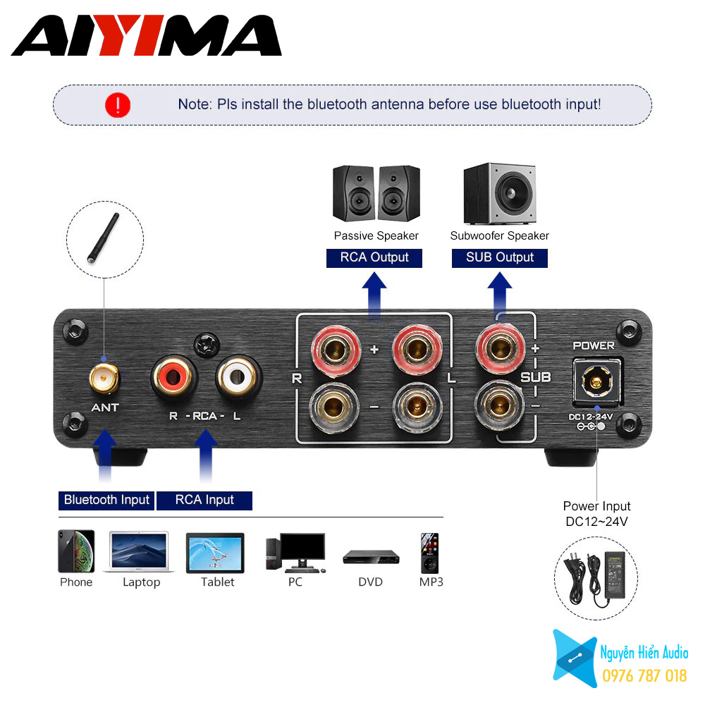 Amply AIYIMA A03 (50Wx2 + 100w Sub) bluetooth 5.0 hàng chính hãng