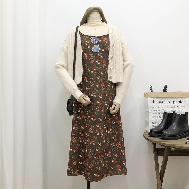 Váy 2 dây hoa nhí vintage dáng dài chất liệu nhung tăm / hàng có sẵn