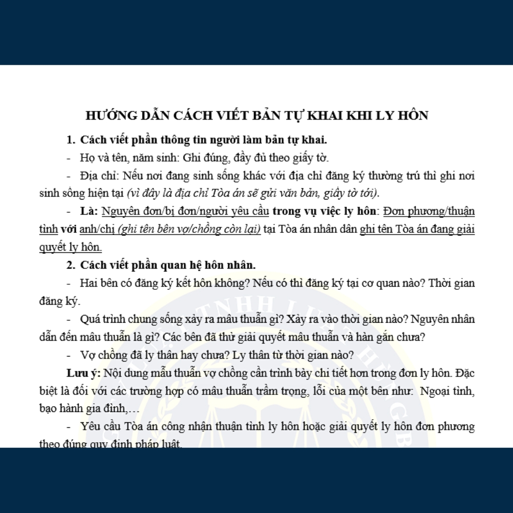 Mẫu bản tự khai gửi Tòa án trong thủ tục ly hôn + Bản hướng dẫn cách viết do Luật sư soạn thảo