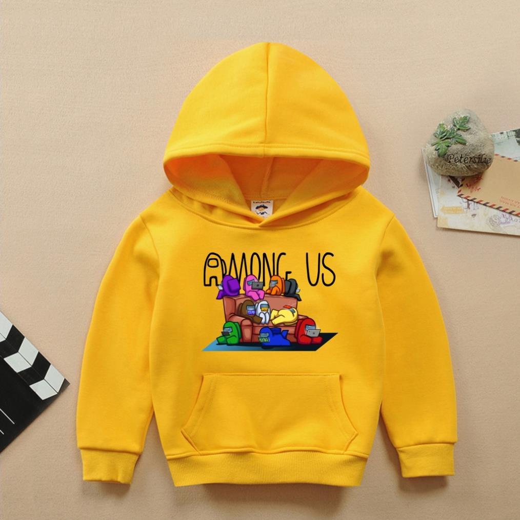 Áo hoodie among us có mũ màu vàng cho bé trai bé gái