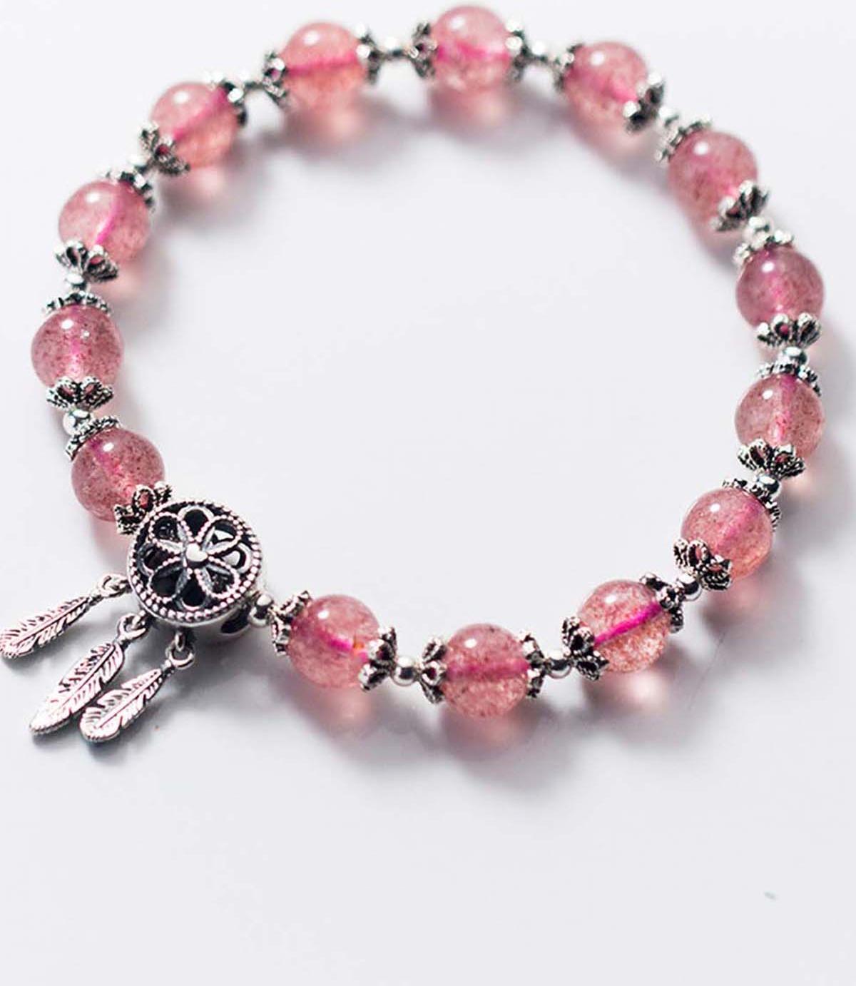 Vòng tay đá thạch anh dâu phối Dreamcatcher mệnh hỏa, thổ - Ngọc Quý Gemstones