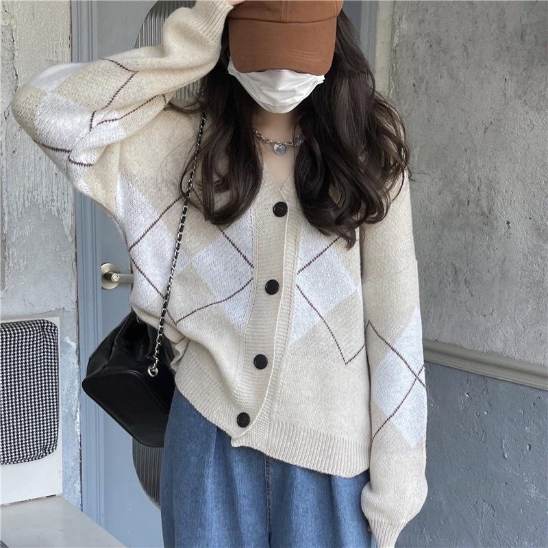 Áo khoác len cardigan nữ Quảng châu họa tiết hình thoi kim cương trám caro xanh phong cách hàn quốc vintage ulzzang G-15