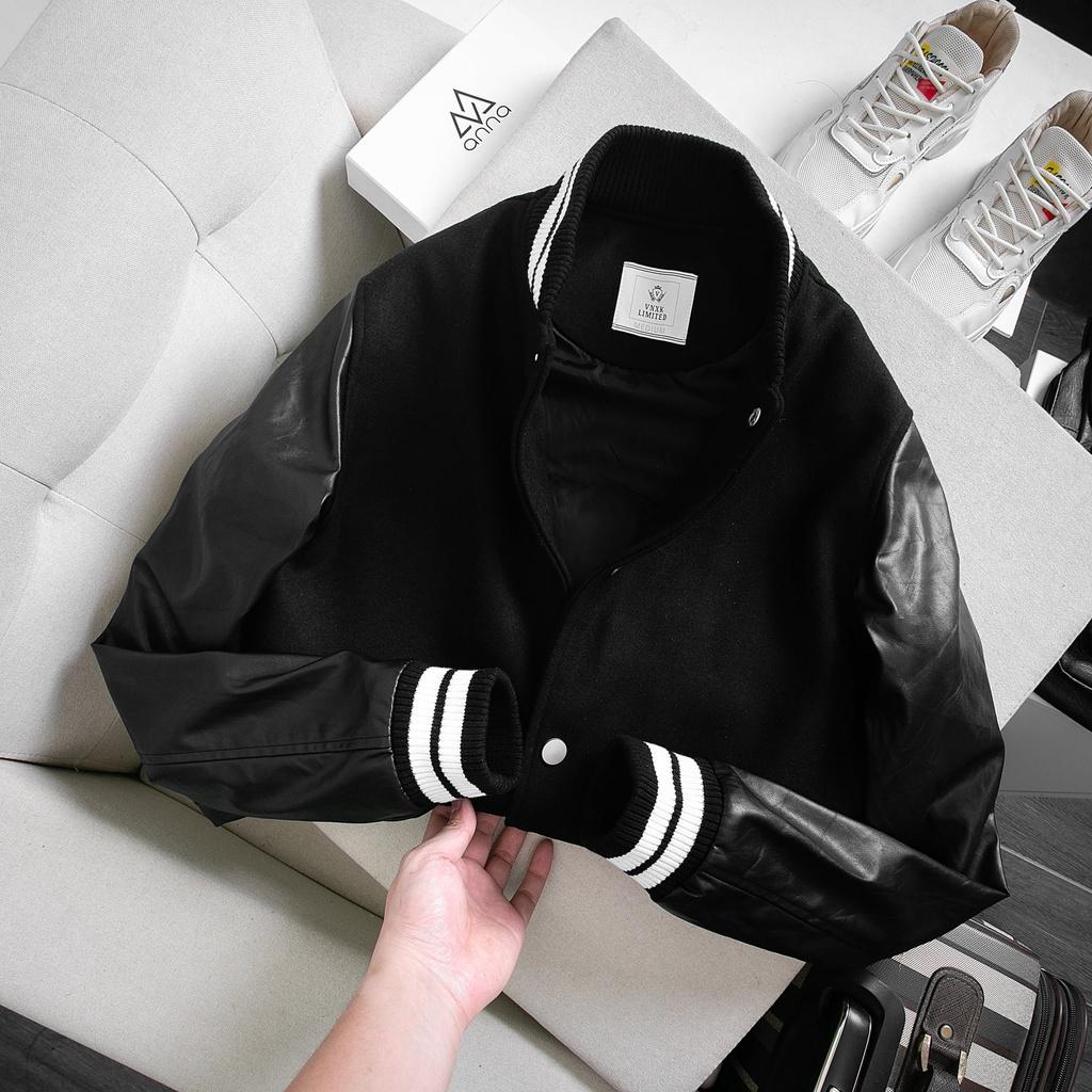 Áo Khoác Varsity Dạ Lông Cừu Phối Tay Da HUTTON