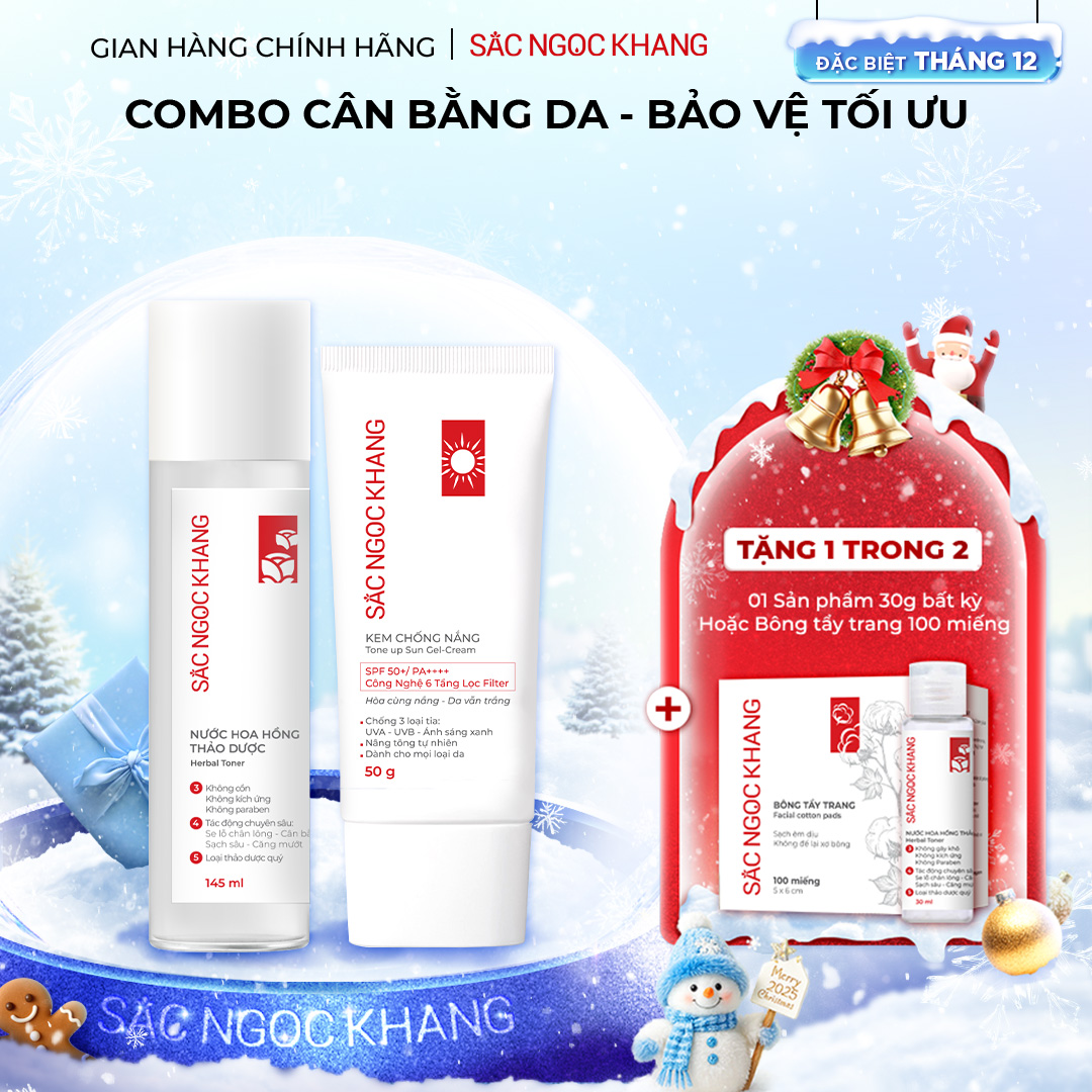 Bộ đôi dưỡng ẩm và bảo vệ da trước ánh nắng Sắc Ngọc Khang: Nước hoa hồng 145ml + Kem chống nắng 50g