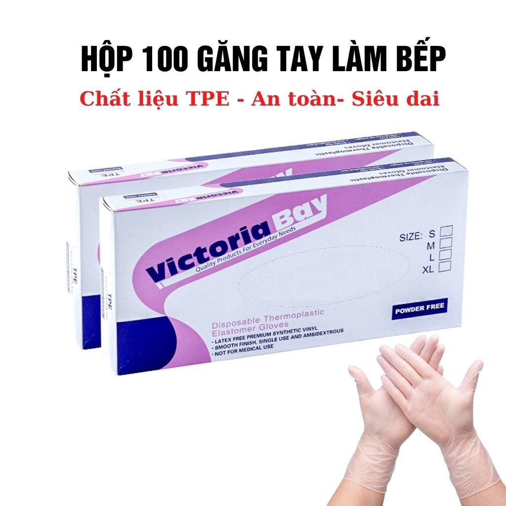 Hộp 100 găng tay Victoria Bay chất liệu TPE, Bao tay cao su rửa bát làm bếp vệ sinh siêu dai không mùi không bột cao cấp