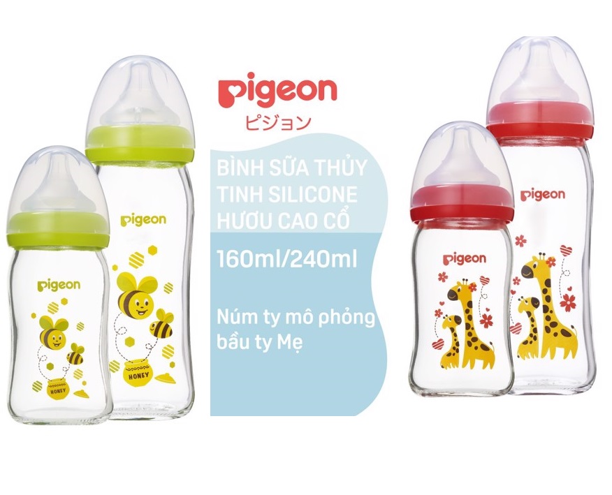 Bình sữa thủy tinh Pigeon CR 160ml/ 240ml họa tiết con ong, con hưu