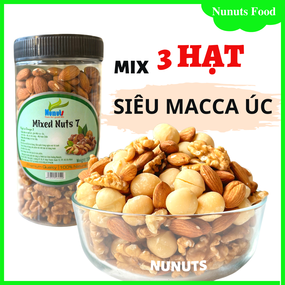 Mix hạt dinh dưỡng siêu macca gồm 3 loại tách vỏ ( macca Úc, hạnh nhân Mỹ, hạt óc chó Mỹ) hạt ngũ cốc ăn liền có sấy giòn, tẩm mật ong và hạt làm sữa