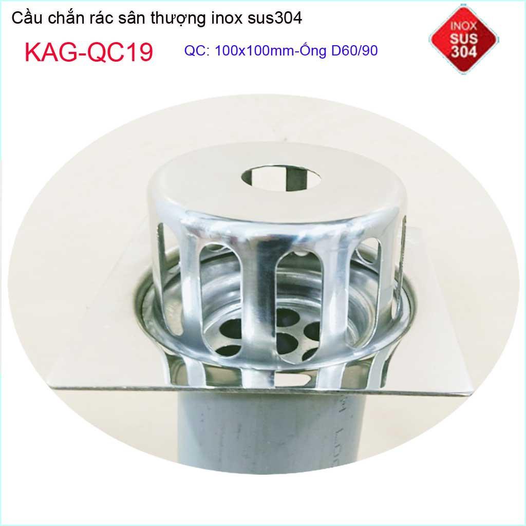 Cầu chắn rác đế vuông 10 x 10cm D60 KAG-QC19, thoát nước sân thượng SUS304 ống 6cm thoát nhanh chắn rác tốt