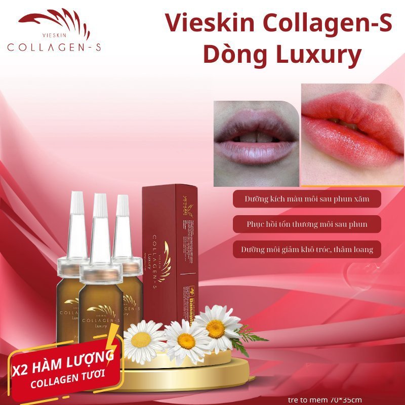 Tinh chất collagen tươi Vieskin Luxury dưỡng môi sau phun xăm, kích màu sắc nét, tự nhiên, siêu căng bóng, lọ 7ml