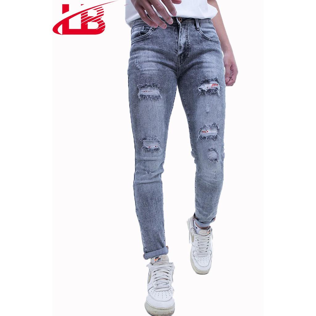 Quần jean dài nam LB co giãn rách gối, vải jean denim dày dặn QJNSHBT5143